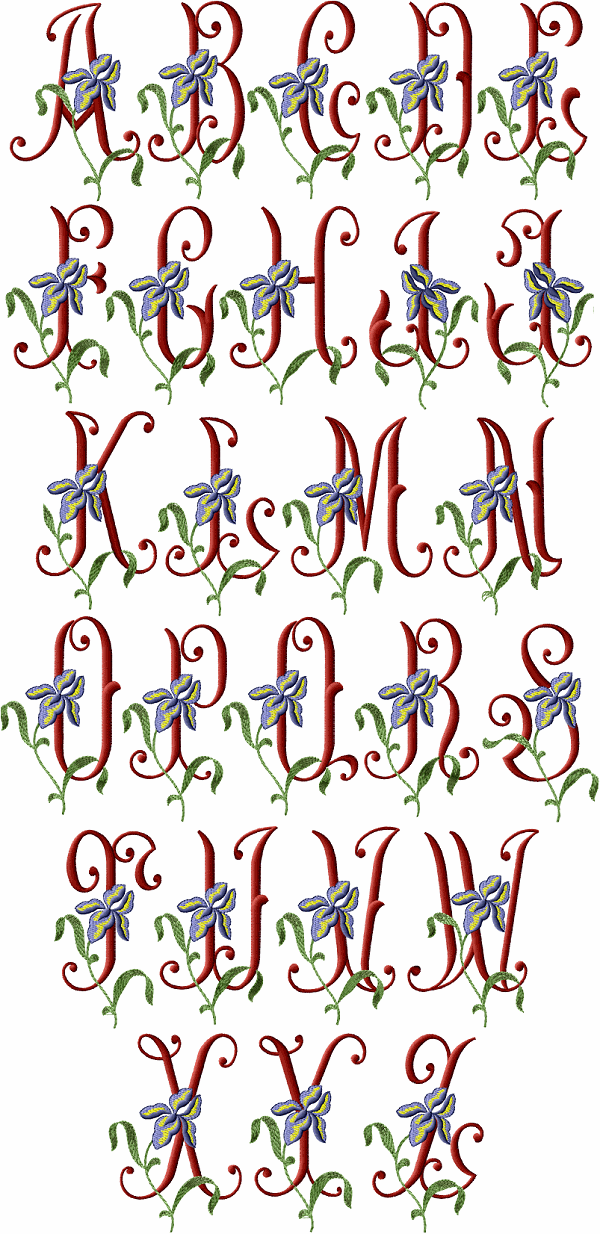 Iris Initials alphabet machine embroidery designs